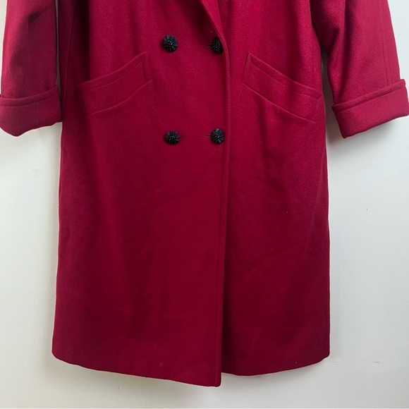 Vintage Jofeld Long Wool Coat Velvet Collar Pockets Red Black Large Old Money - Picture 3 of 16